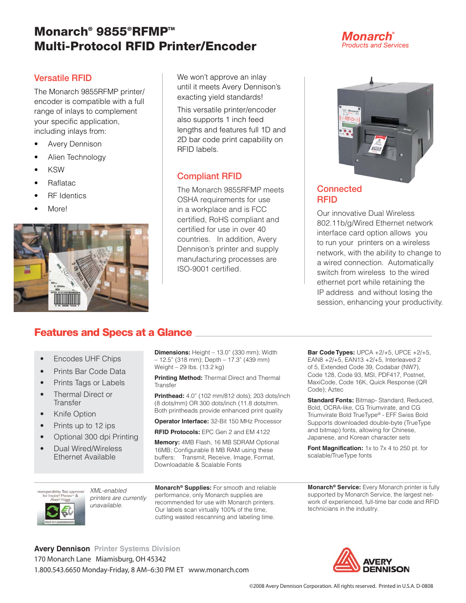 Monarch, Rfmp, Multi-protocol rfid printer/encoder | Features and specs at a glance, Versatile rfid, Compliant rfid, Connected rfid | Monarch Instrument 9855 RFMP User Manual | Page 2 / 2