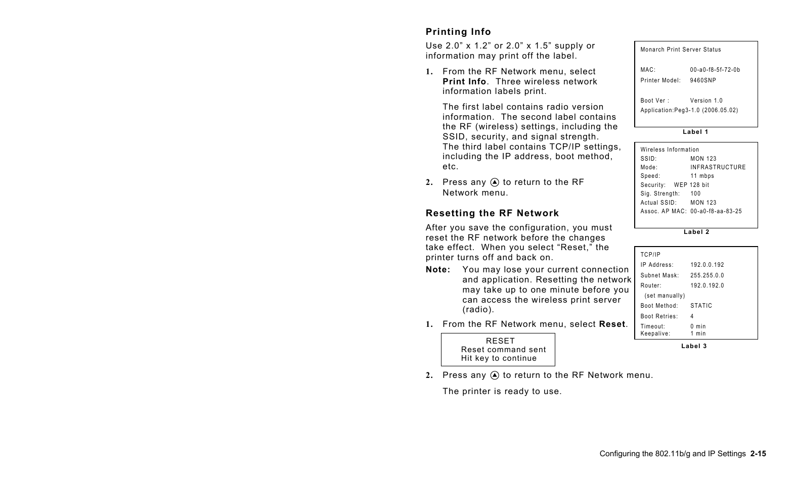 Printing info, Resetting the rf network | Monarch Instrument 9460 User Manual | Page 25 / 104