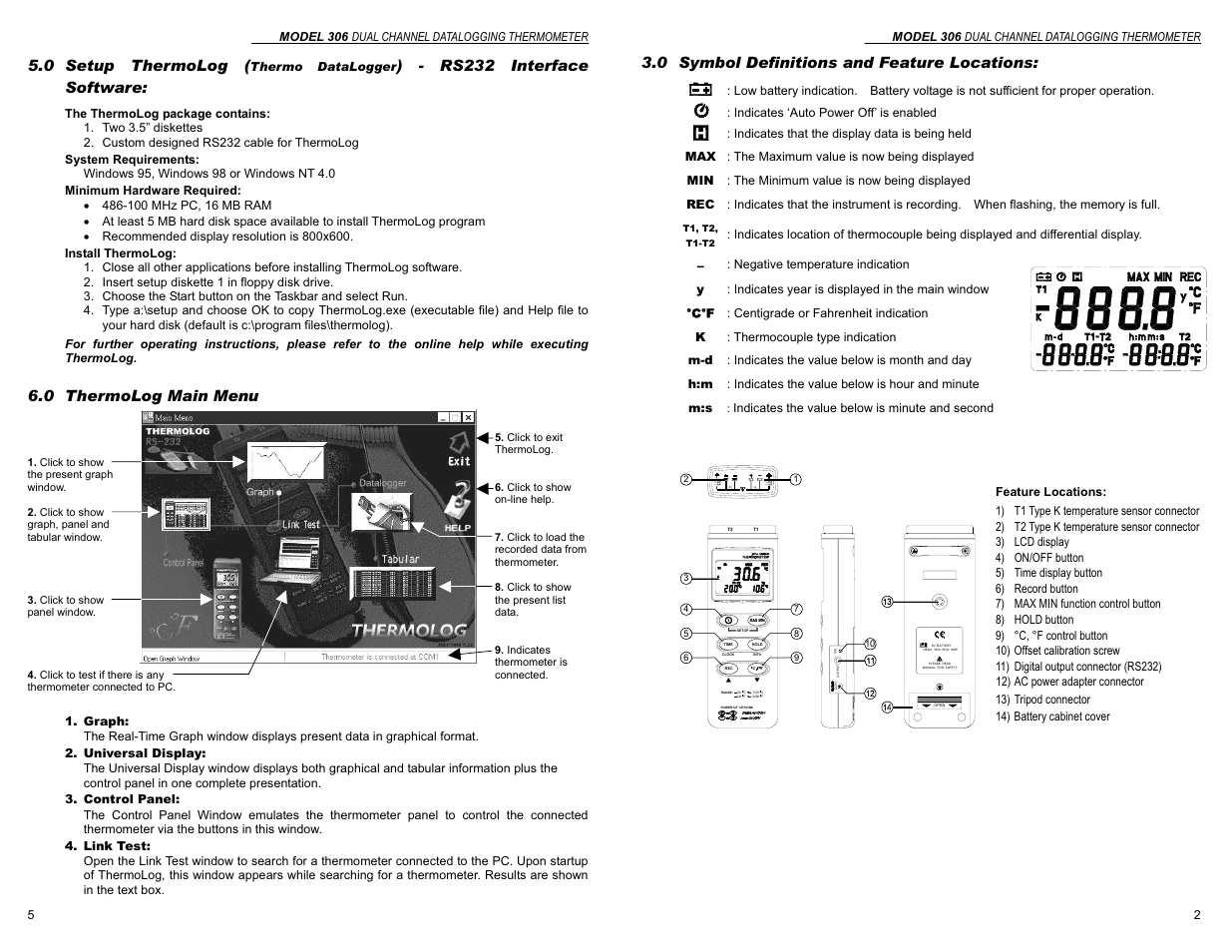 0 symbol definitions and feature locations, 0 setup thermolog, Rs232 interface software | 0 thermolog main menu | Monarch Instrument 306 User Manual | Page 5 / 6