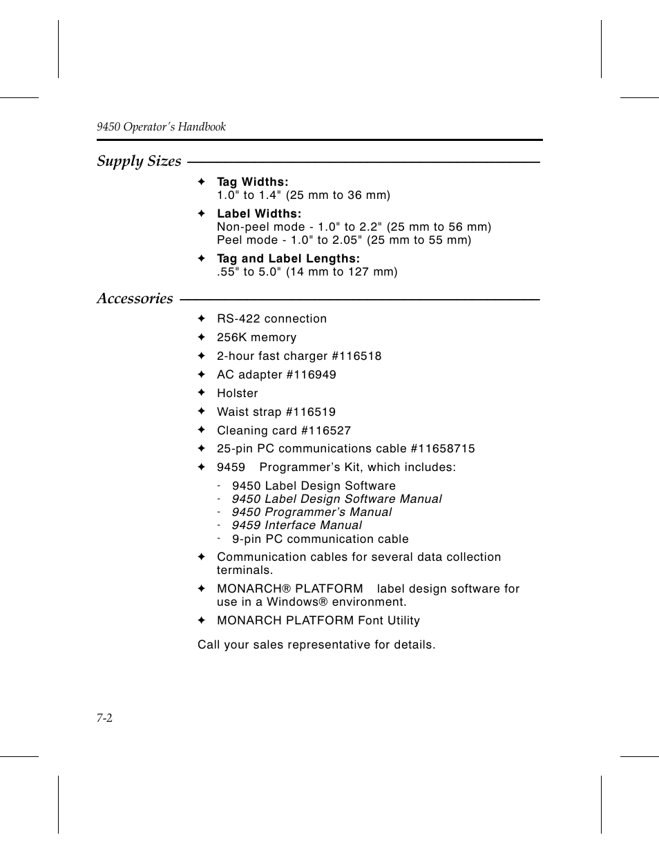 Supply sizes, Accessories | Monarch Instrument Paxar 9450 User Manual | Page 44 / 52