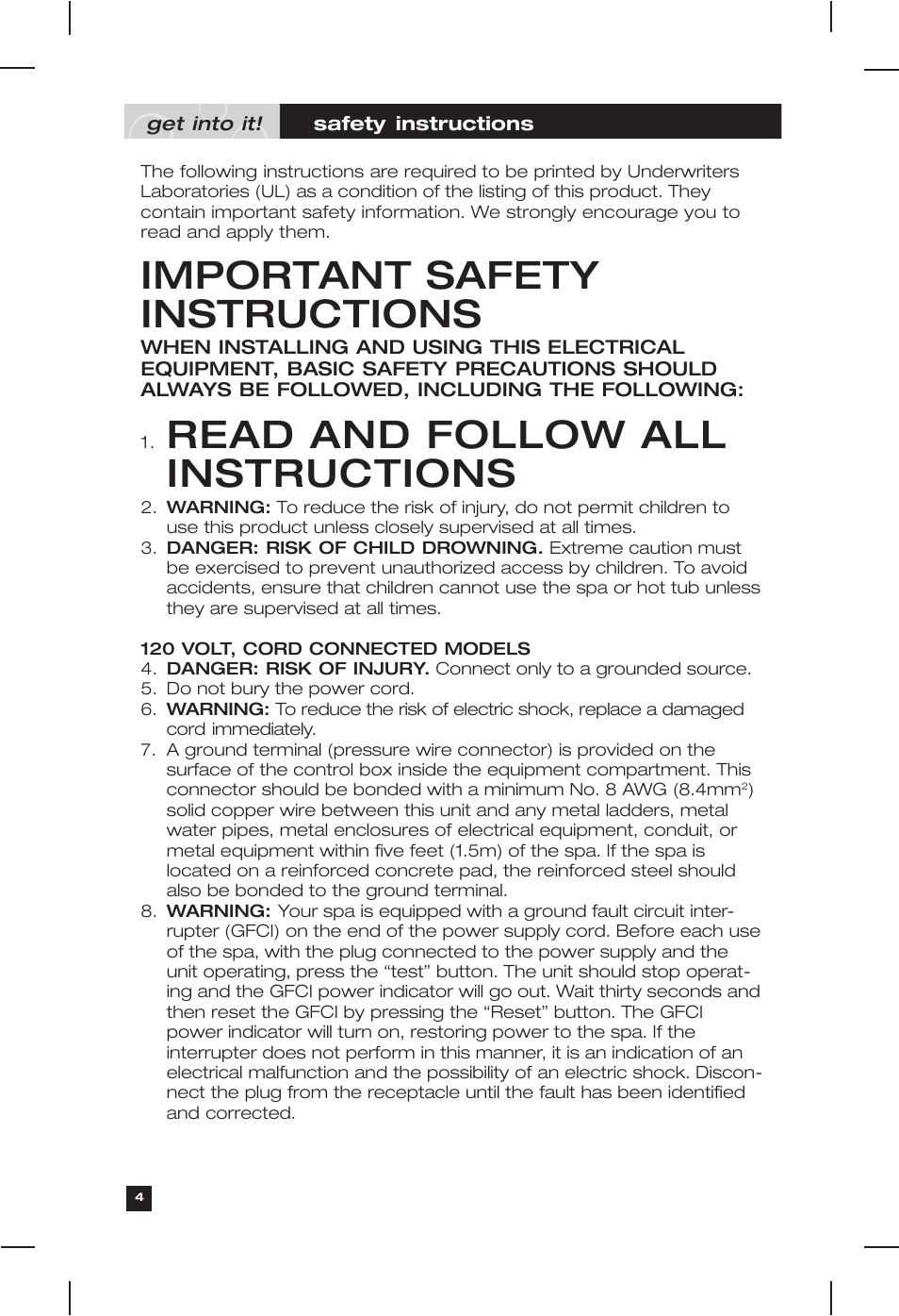 Important safety instructions, Read and follow all instructions | Marquis Everyday Hot Tub User Manual | Page 4 / 29