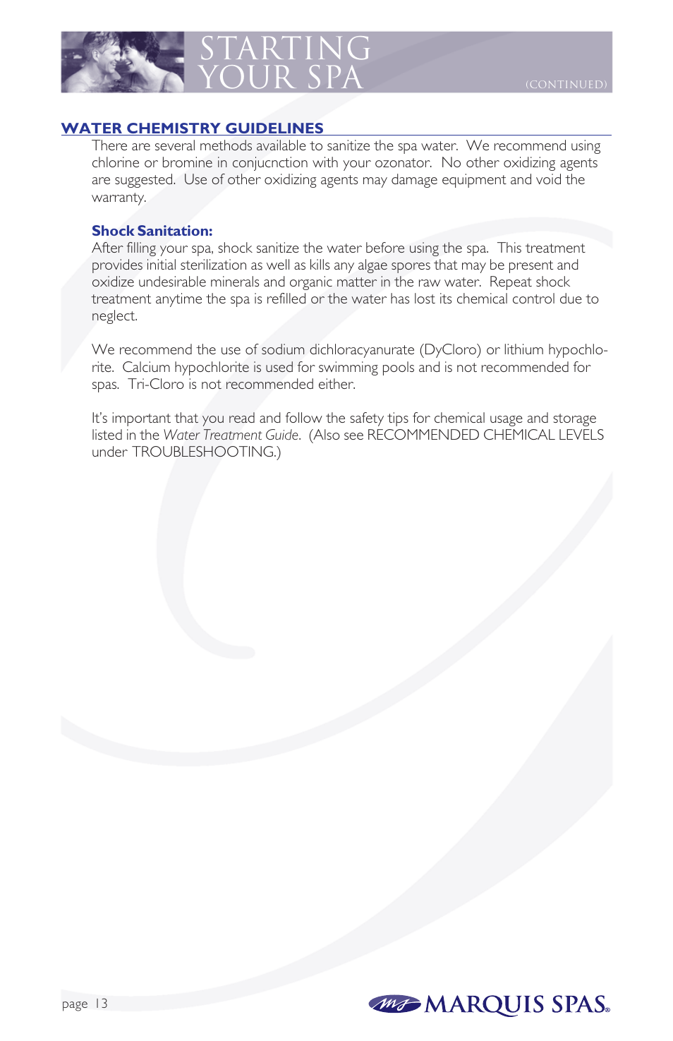 Starting your spa | Marquis Spas User Manual | Page 14 / 26