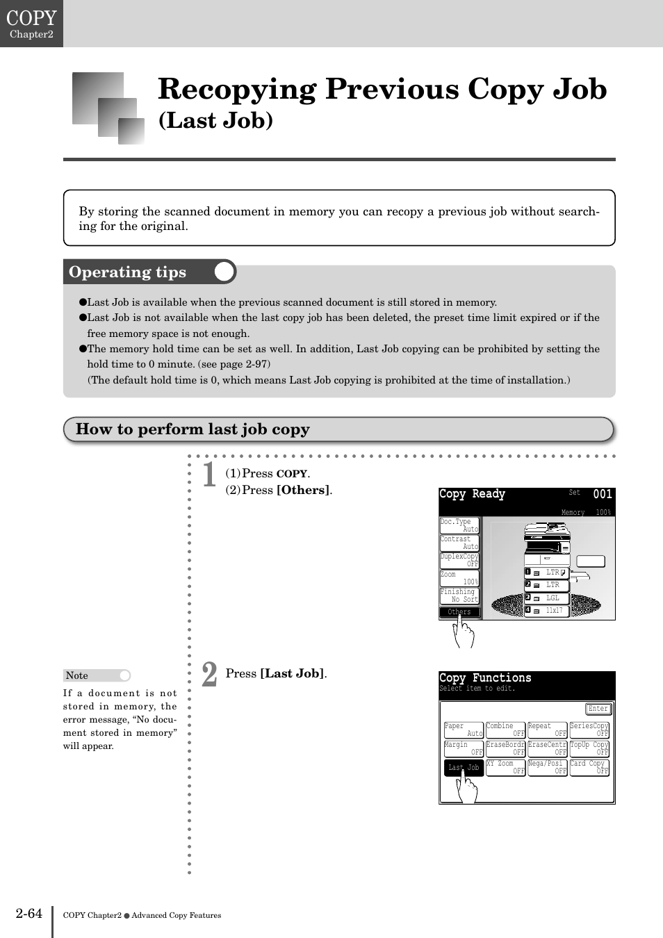 Recopying previous copy job (last job) -64, Recopying previous copy job, Last job) | Copy, Operating tips how to perform last job copy, Copy ready 001, Copy functions | Muratec MFX-2830 User Manual | Page 144 / 471