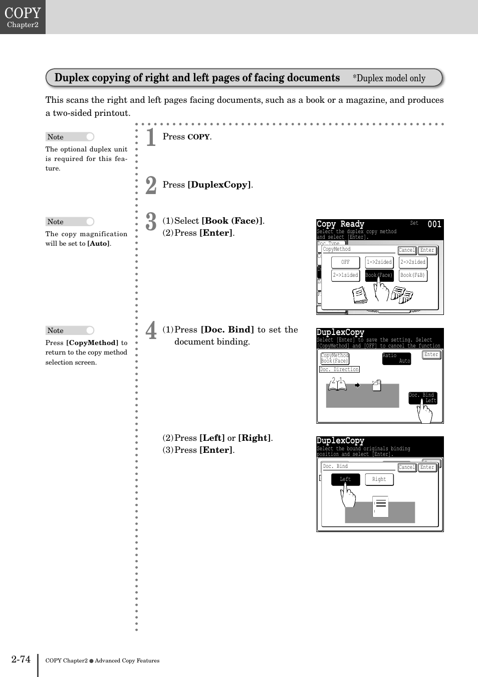 Ing documents -74, Copy, Copy ready | Duplexcopy | Muratec MFX-2830 User Manual | Page 154 / 471