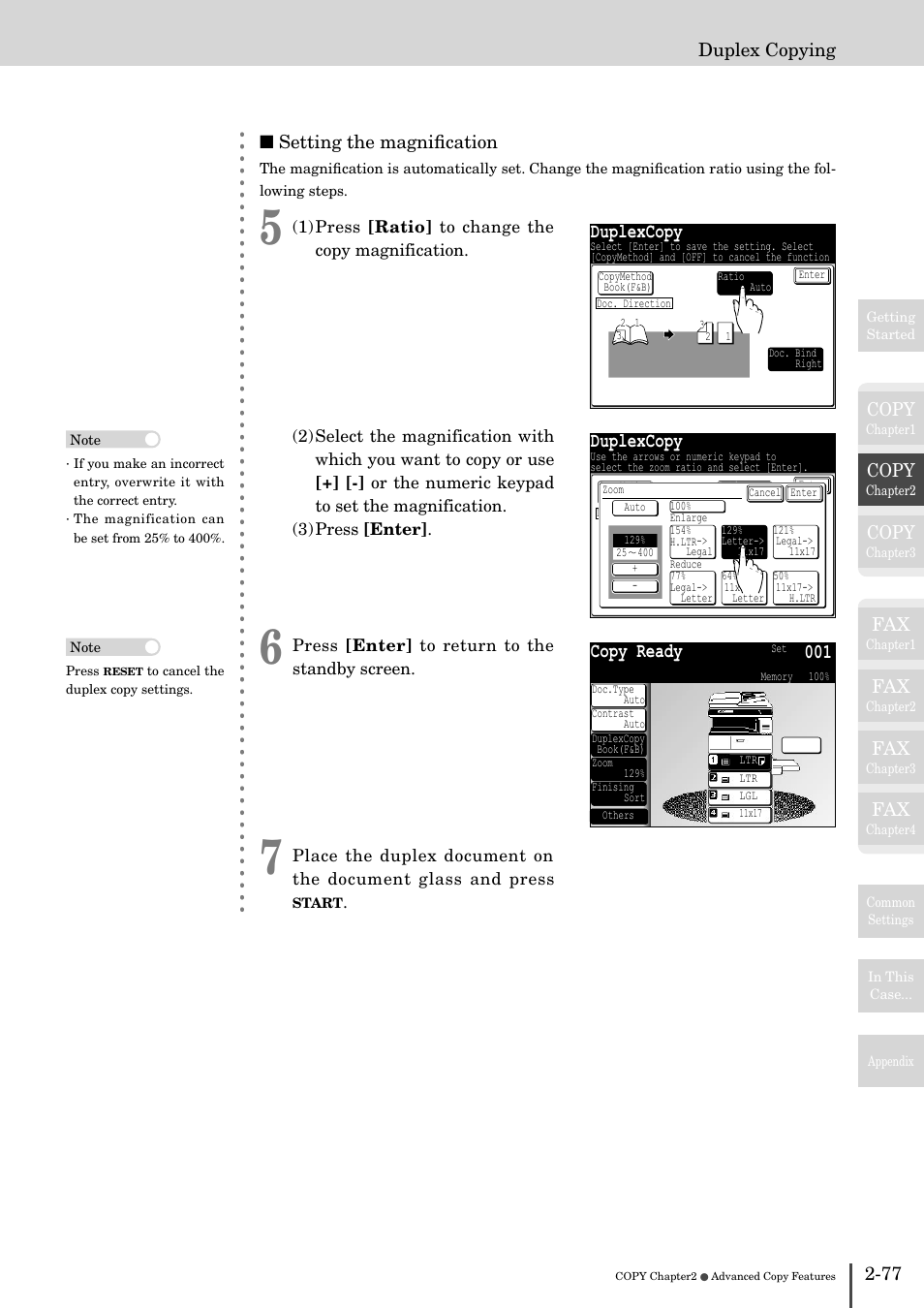 Duplexcopy, Copy ready 001, Copy | 77 duplex copying, Setting the magniﬁcation | Muratec MFX-2830 User Manual | Page 157 / 471