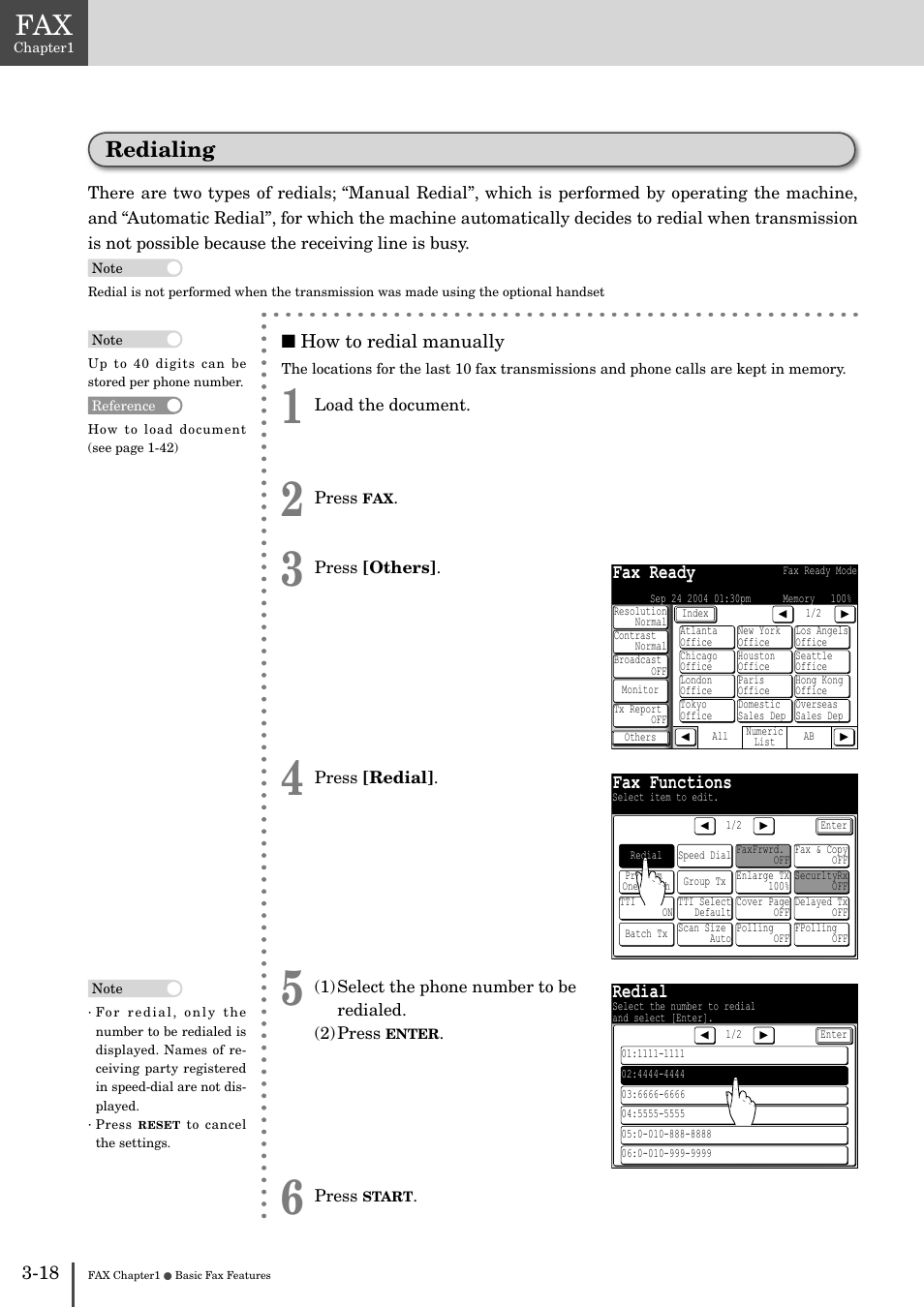 Redialing -18, Redialing, Fax ready | Fax functions, Redial | Muratec MFX-2830 User Manual | Page 196 / 471