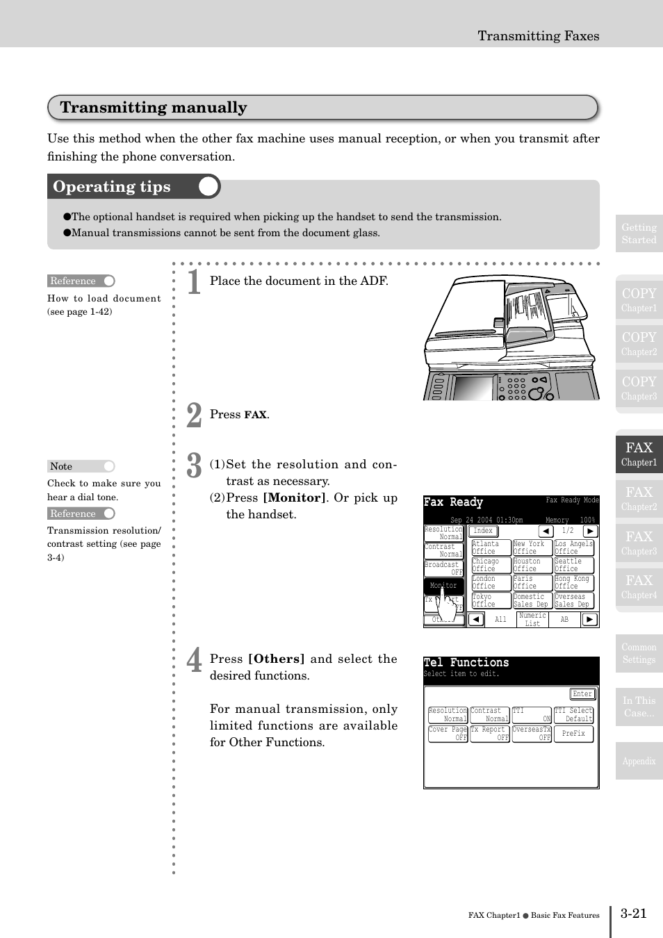 Transmitting manually -21, Transmitting manually, Operating tips | Fax ready, Tel functions | Muratec MFX-2830 User Manual | Page 199 / 471