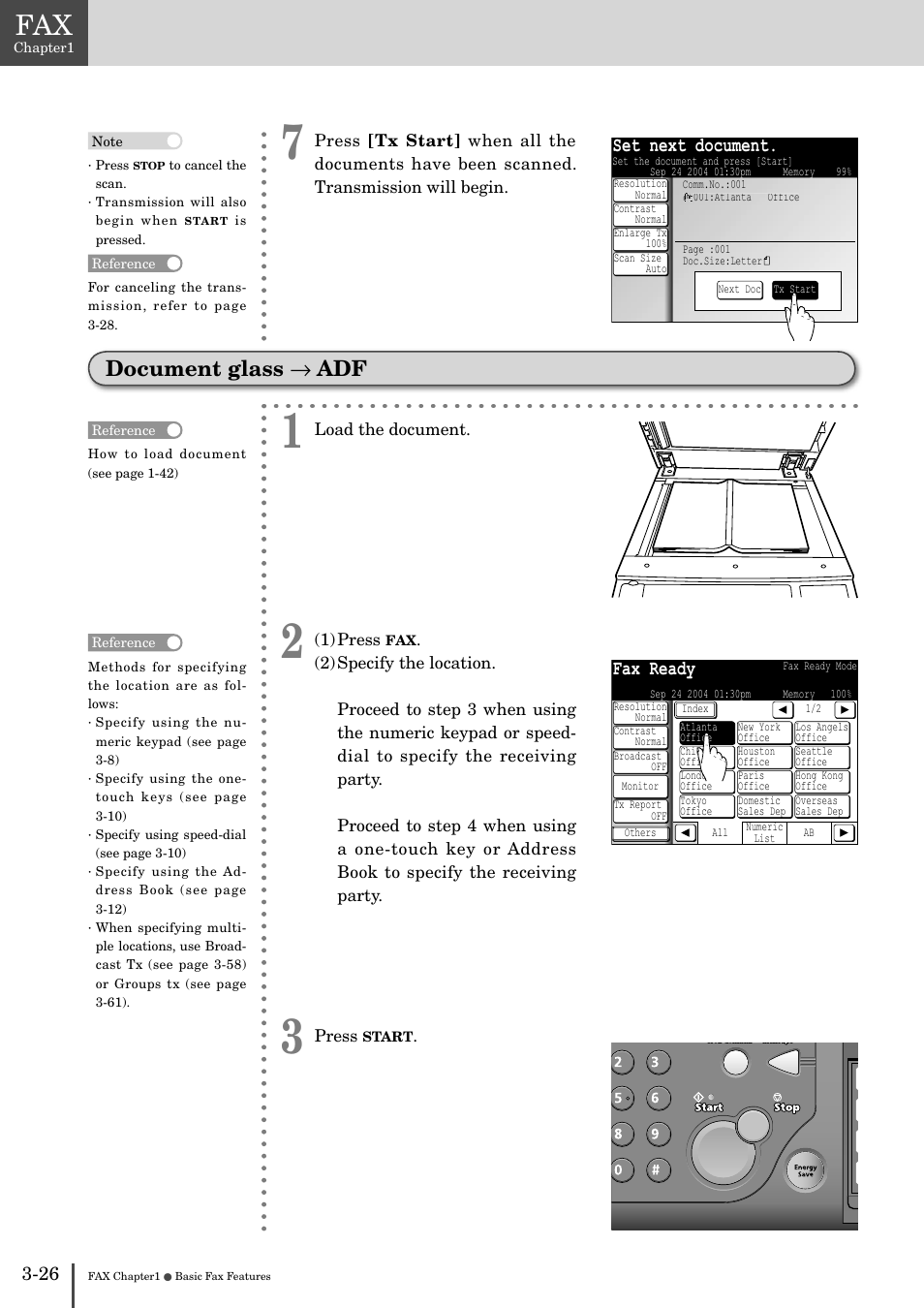 Document glass, Adf -26, Document glass → adf | Fax ready, Set next document | Muratec MFX-2830 User Manual | Page 204 / 471