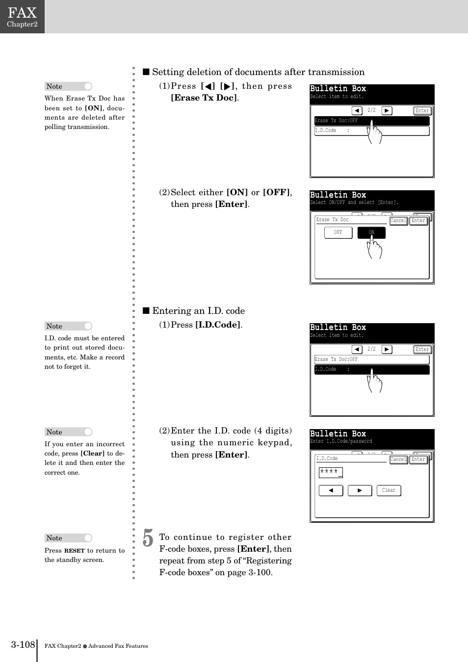 Bulletin box, Setting deletion of documents after transmission, Entering an i.d. code | Muratec MFX-2830 User Manual | Page 286 / 471