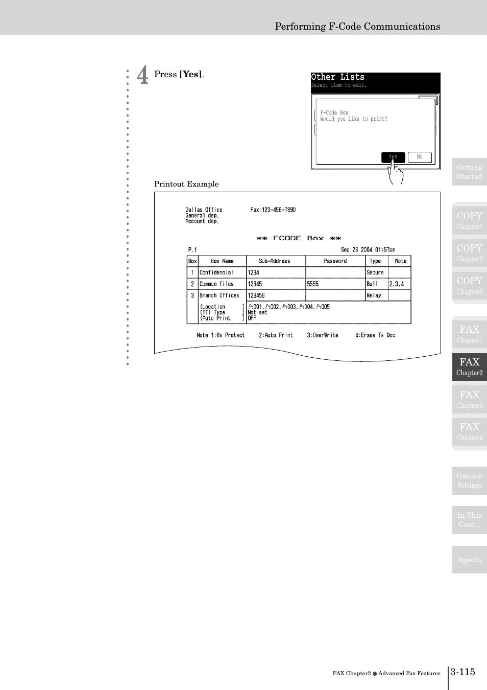 Other lists, Copy, 115 performing f-code communications | Muratec MFX-2830 User Manual | Page 293 / 471