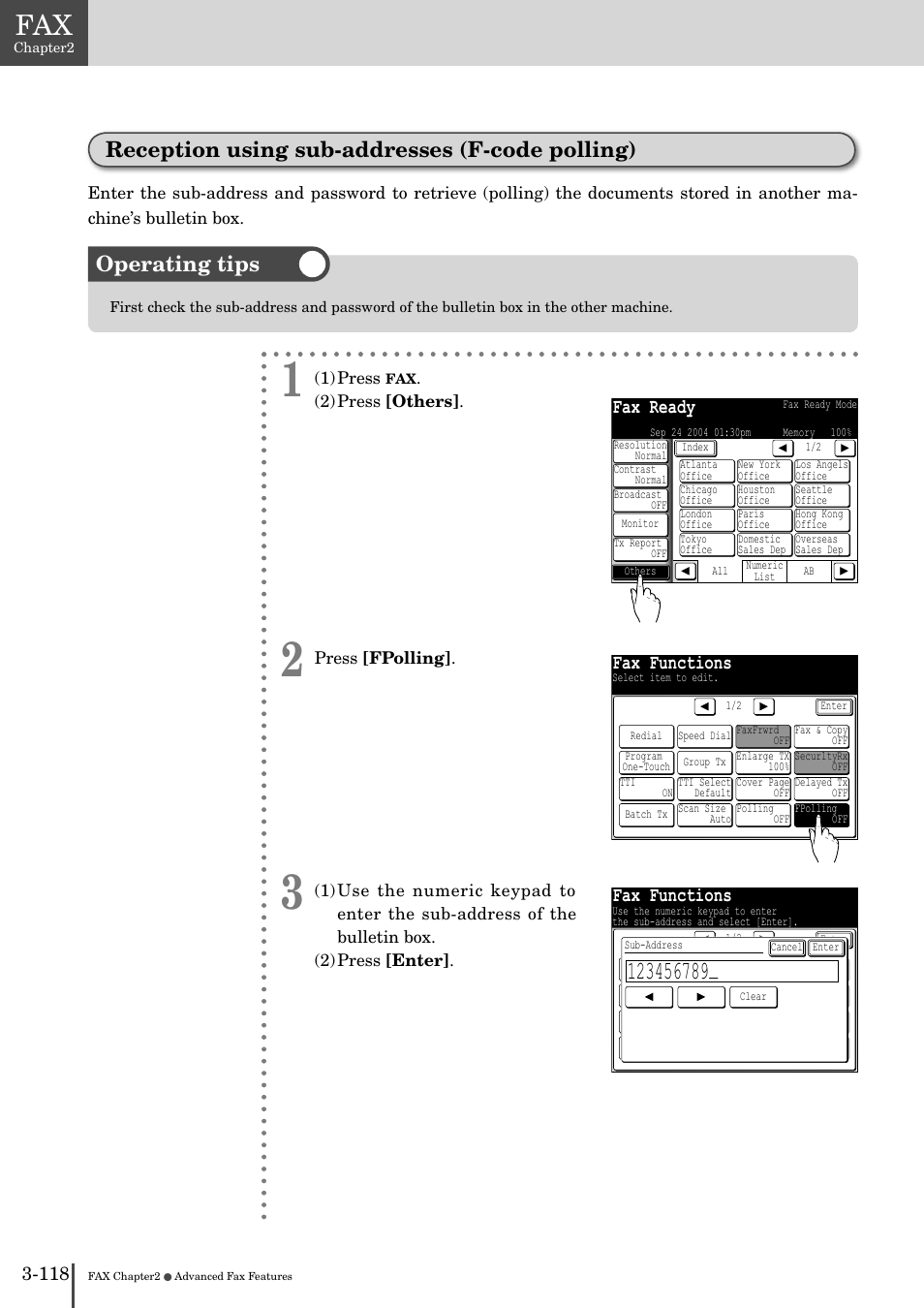 Reception using sub-addresses (f-code polling), Operating tips, Fax ready | Fax functions | Muratec MFX-2830 User Manual | Page 296 / 471