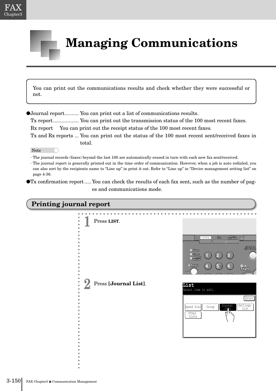 Managing communications -1, Printing journal report -1, Managing communications | Printing journal report | Muratec MFX-2830 User Manual | Page 328 / 471