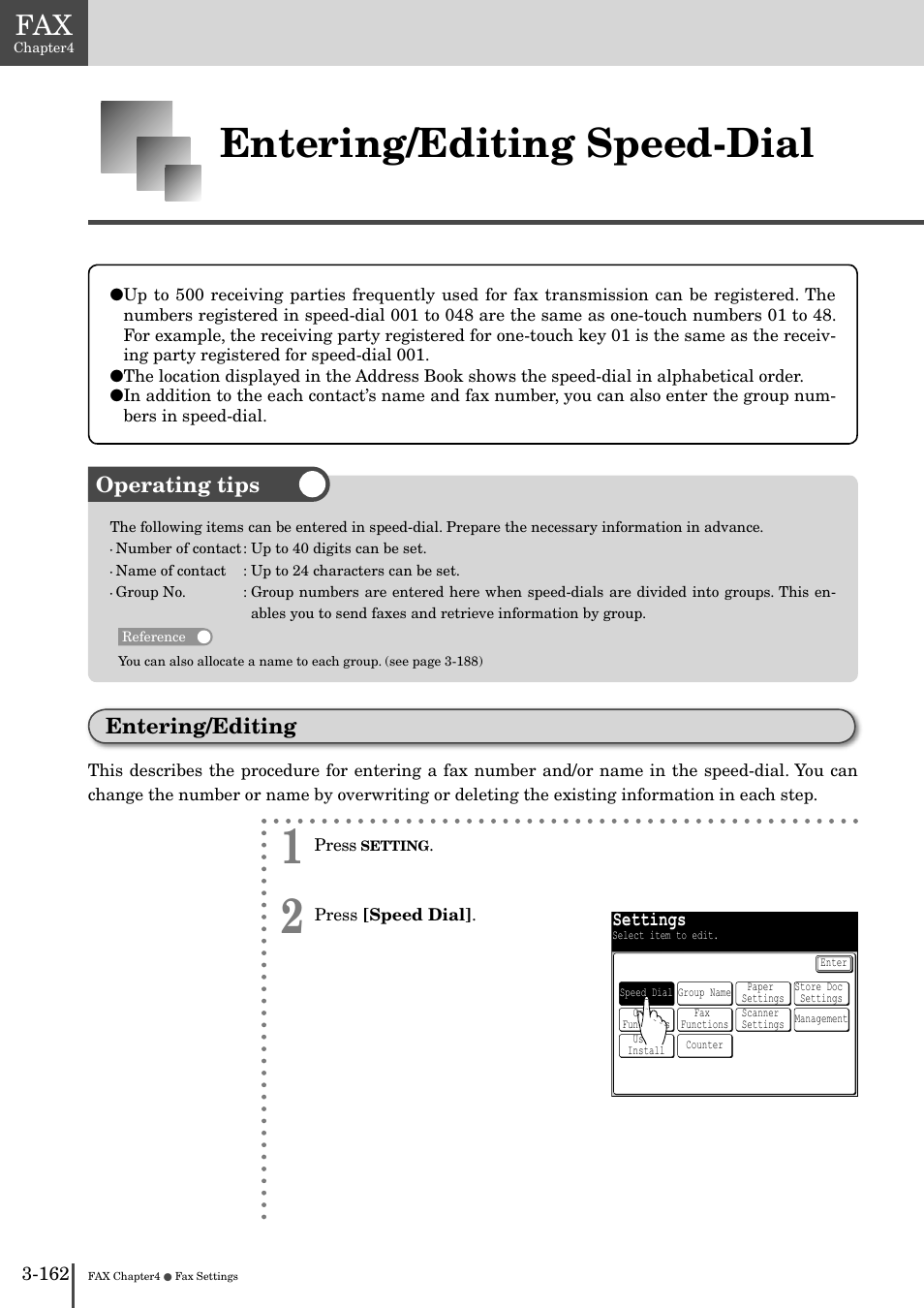 Entering/editing speed-dial -16, Entering/editing -162, Entering/editing speed-dial | Operating tips entering/editing | Muratec MFX-2830 User Manual | Page 340 / 471