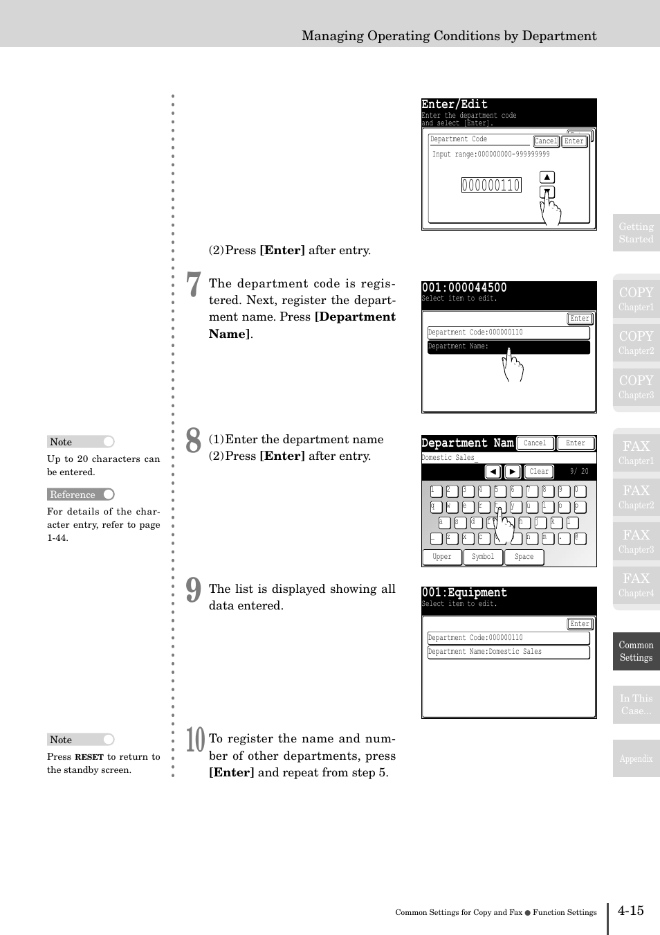Enter/edit, Department nam, Equipment | Copy, 15 managing operating conditions by department | Muratec MFX-2830 User Manual | Page 393 / 471