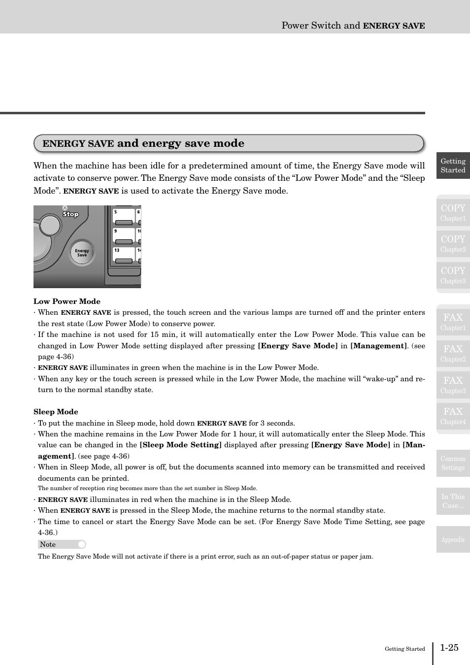 Energy save, And energy save mode -25, And energy save mode | Copy, Power switch and | Muratec MFX-2830 User Manual | Page 43 / 471