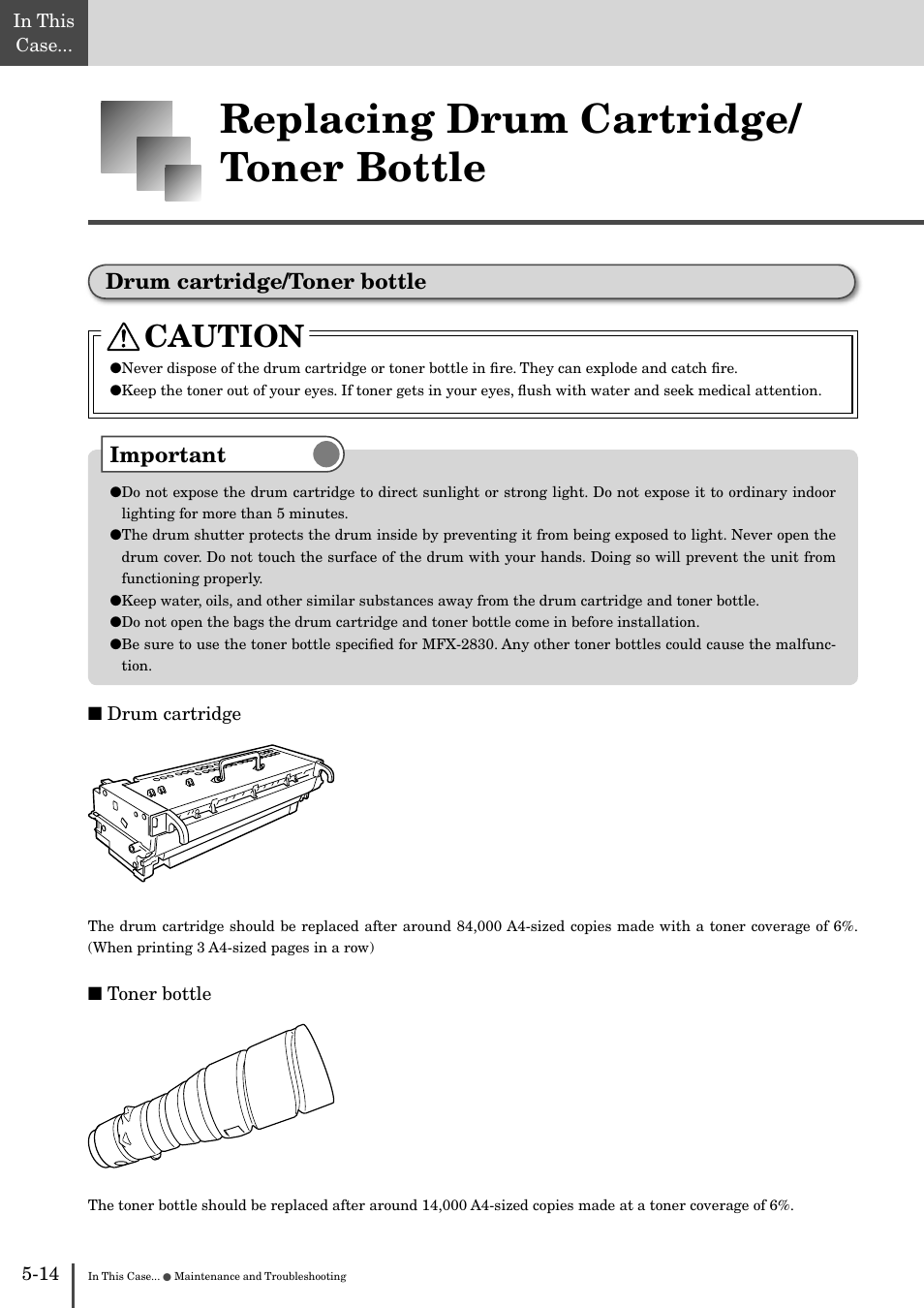 Replacing drum cartridge/toner bottle -14, Drum cartridge/toner bottle -14, Replacing drum cartridge/ toner bottle | Caution, Drum cartridge/toner bottle, Important | Muratec MFX-2830 User Manual | Page 434 / 471