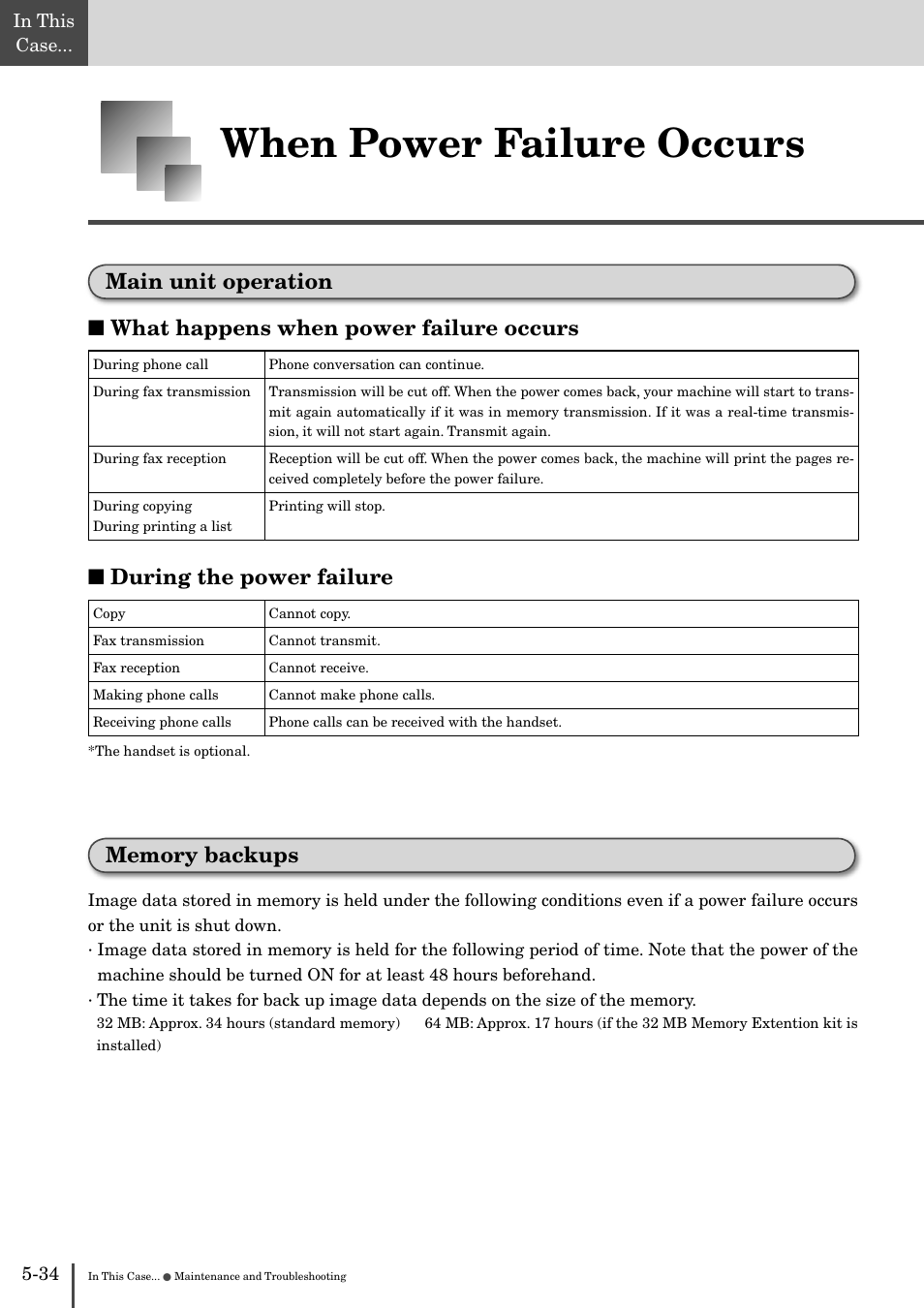 When power failure occurs -34, Main unit operation -34, Memory backups -34 | When power failure occurs, What happens when power failure occurs, During the power failure | Muratec MFX-2830 User Manual | Page 454 / 471