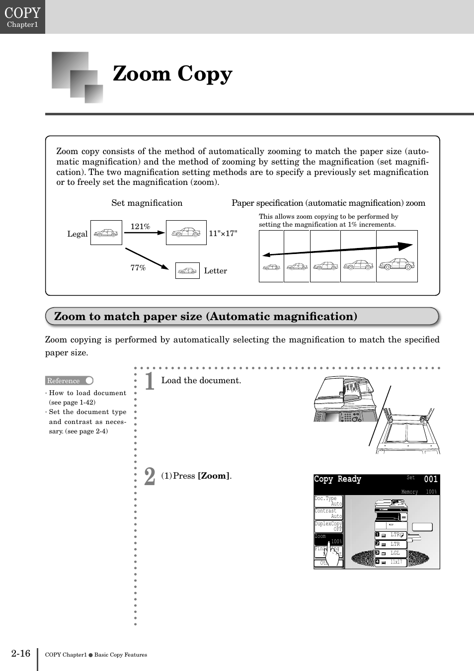 Zoom copy -16, Zoom to match paper size (automatic magniﬁ, Cation) -16 | Zoom copy, Copy, Zoom to match paper size (automatic magniﬁcation) | Muratec MFX-2830 User Manual | Page 96 / 471