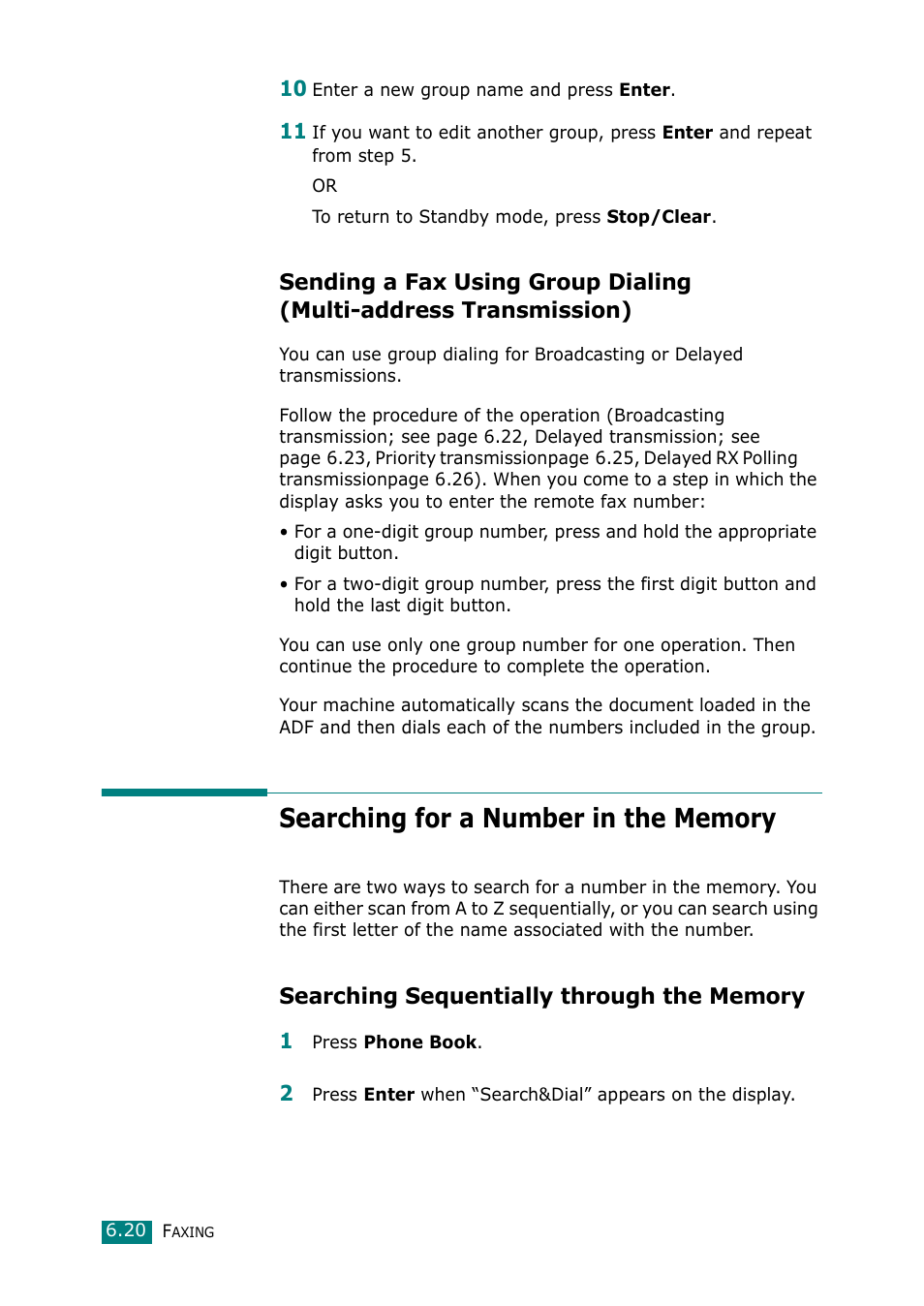 Searching for a number in the memory, Searching sequentially through the memory, Sending a fax using group dialing | Multi-address transmission) | Muratec F-114 Series User Manual | Page 121 / 211