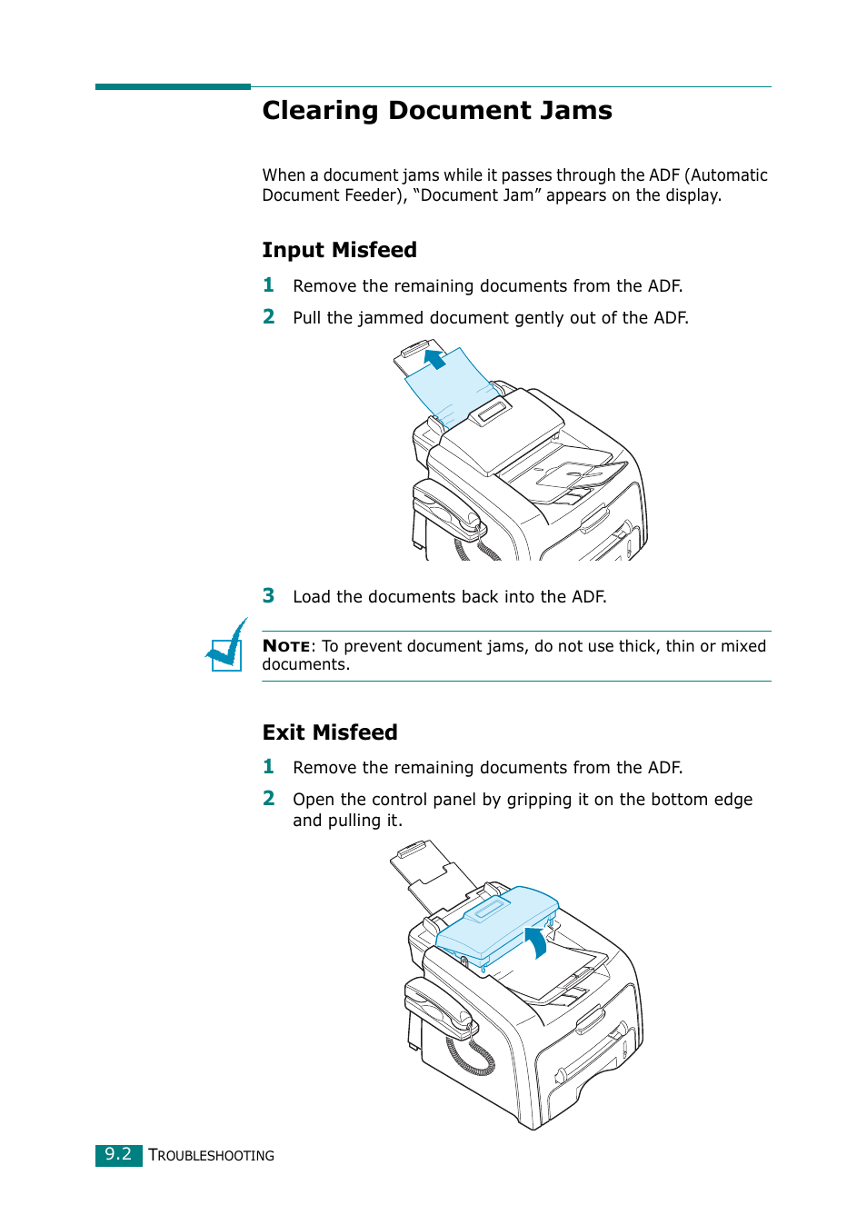 Clearing document jams, Input misfeed, Exit misfeed | Muratec F-114 Series User Manual | Page 173 / 211