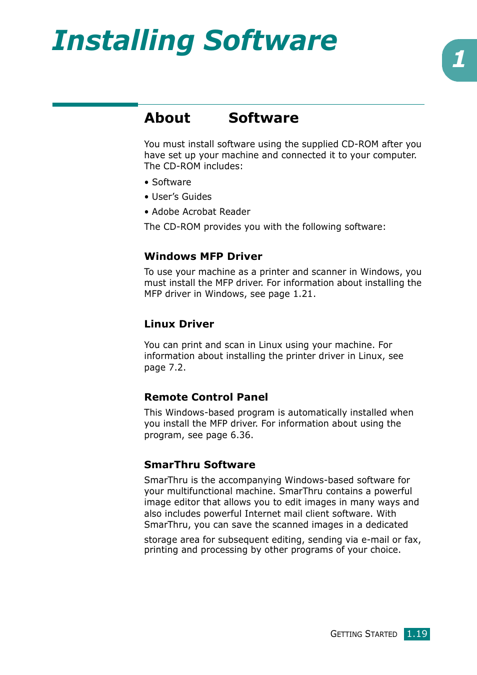 About samsung software, About the software, Installing software | Muratec F-114 Series User Manual | Page 32 / 211