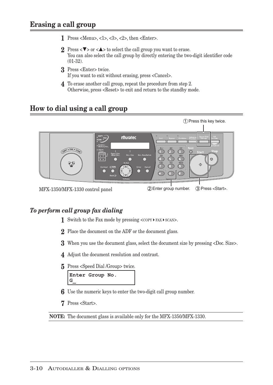 Erasing a call group, How to dial using a call group, Erasing a call group -10 | How to dial using a call group -10, Erasing a call group 1 | Muratec MFX-1350 User Manual | Page 63 / 197