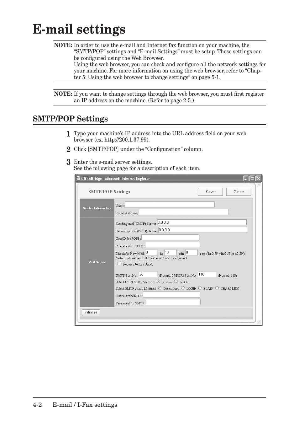 E-mail settings, Smtp/pop settings | Muratec F-520 User Manual | Page 49 / 110