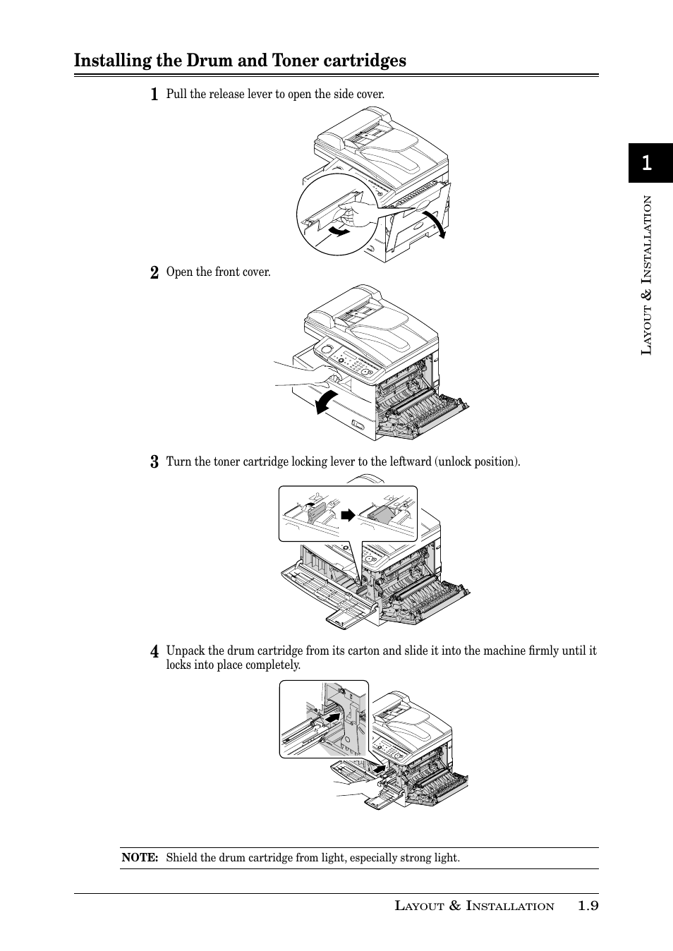 Installing the drum and toner cartridges 1 | Muratec PLAIN-PAPER DIGITAL FAX/COPIER/PRINTER/SCANNER MFX-1330 User Manual | Page 27 / 189