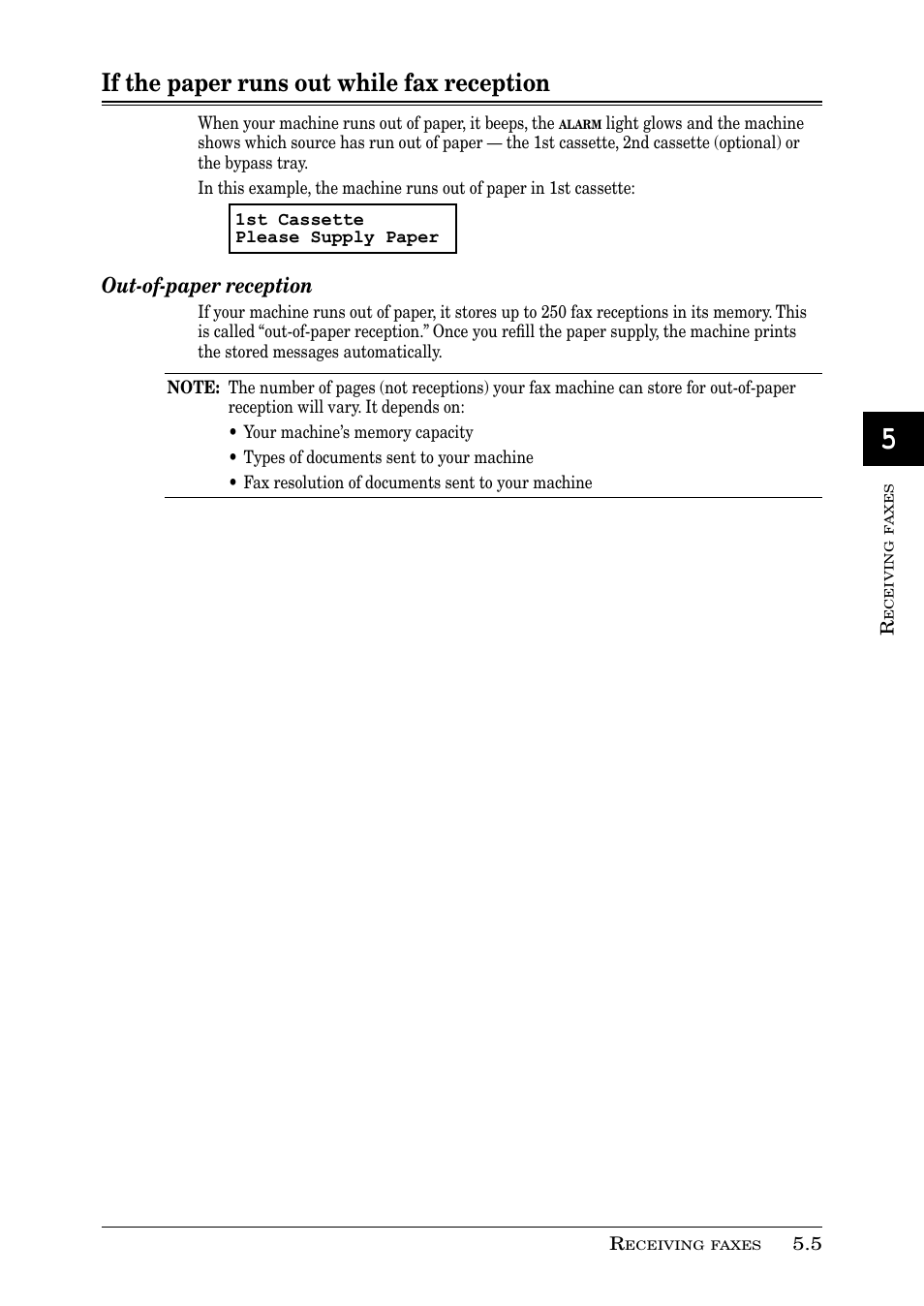 If the paper runs out while fax reception | Muratec PLAIN-PAPER DIGITAL FAX/COPIER/PRINTER/SCANNER MFX-1330 User Manual | Page 91 / 189