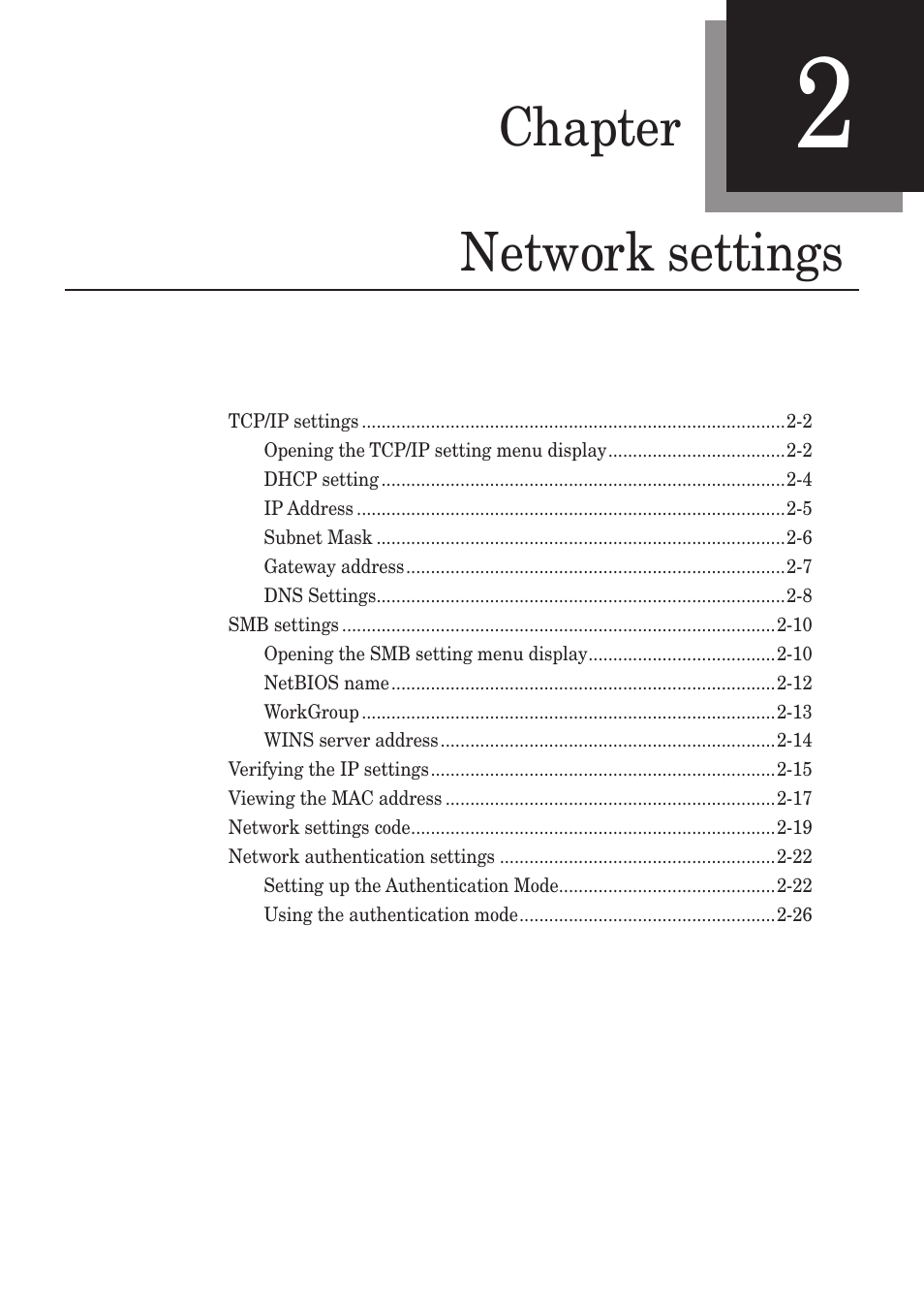 Chapter 2 network settings, Chapter -1, Network.settings -1 | Chapter network settings | Muratec MFX-1430 User Manual | Page 8 / 120
