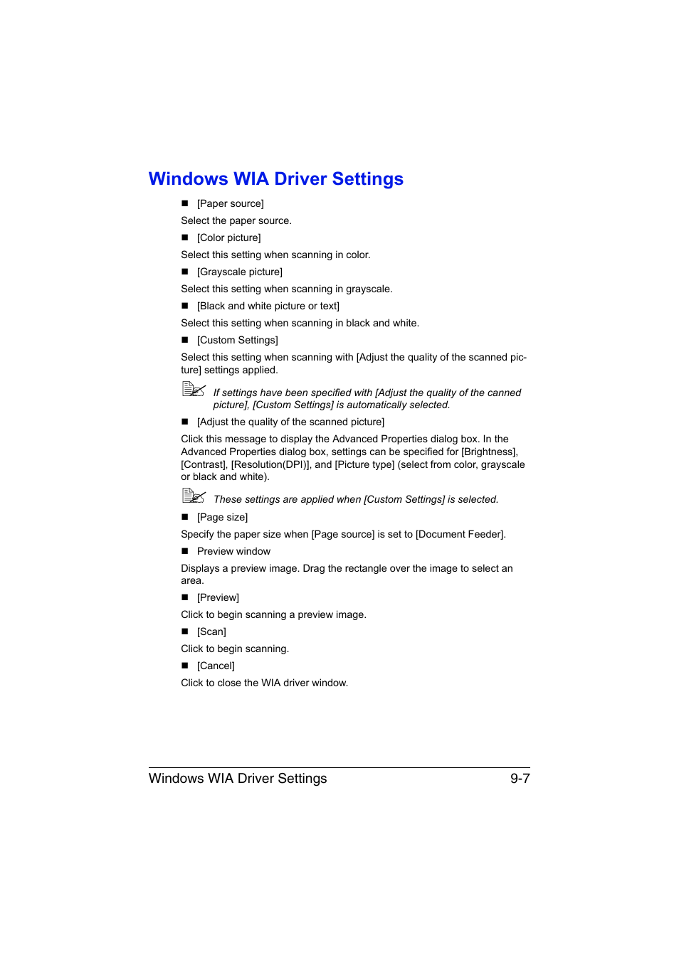 Windows wia driver settings, Windows wia driver settings -7, Windows wia driver settings 9-7 | Muratec Printer/Copier/Scanner MFX-C3035 User Manual | Page 208 / 392