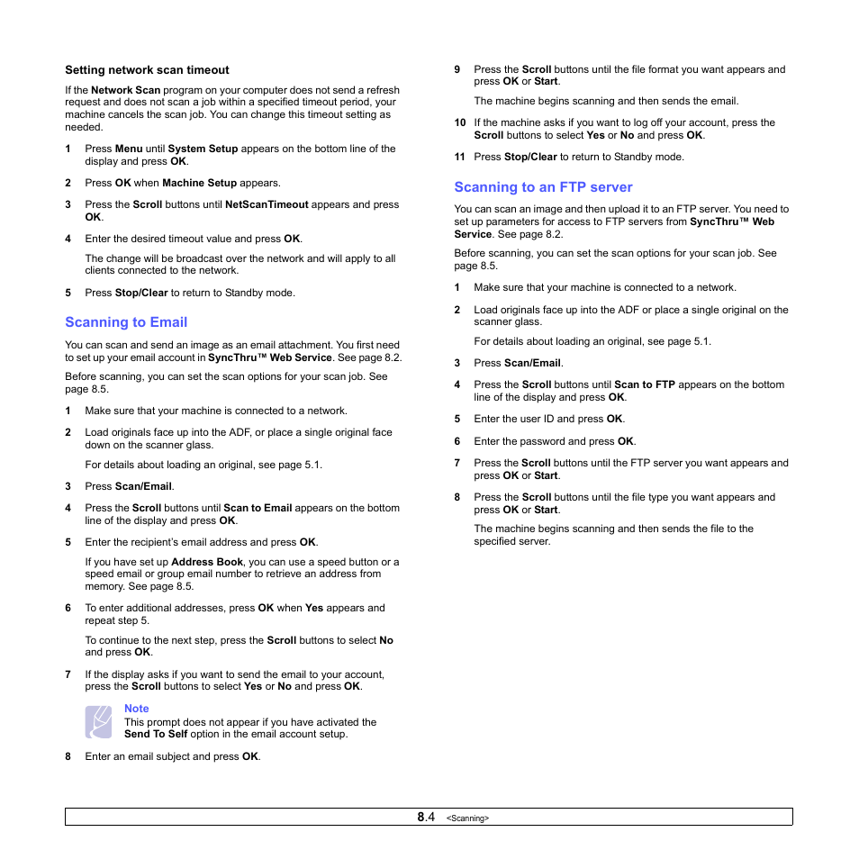Scanning to email, Scanning to an ftp server, E 8.4 | Muratec MFX-3050 User Manual | Page 43 / 142