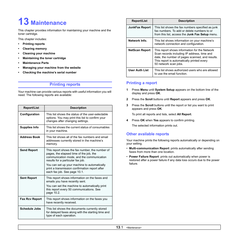Maintenance, Printing reports, Printing a report | Other available reports (scx-5530fn only) | Muratec MFX-3050 User Manual | Page 63 / 142