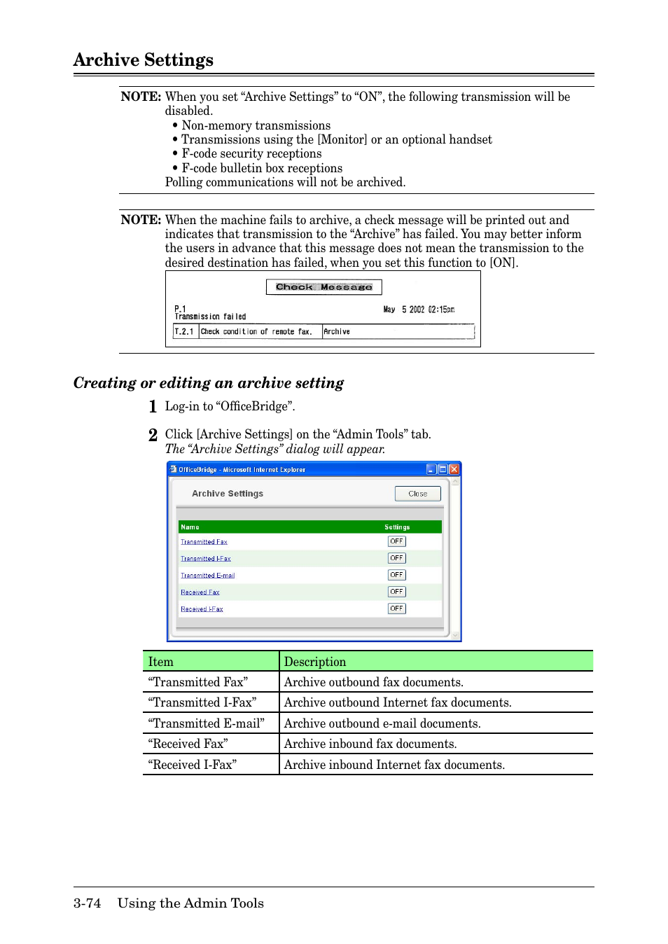 Archive settings, Archive settings -74 | Muratec MFX-2030 User Manual | Page 148 / 189