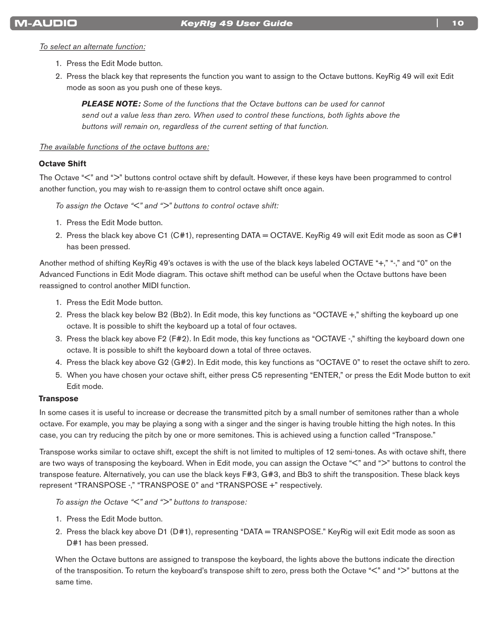 Octave shift, Transpose | M-AUDIO KEYRIG 49 User Manual | Page 11 / 24