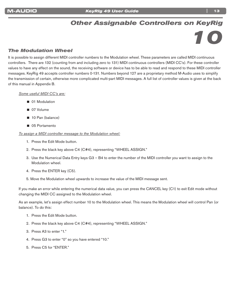 Other assignable controllers on keyrig, The modulation wheel | M-AUDIO KEYRIG 49 User Manual | Page 14 / 24