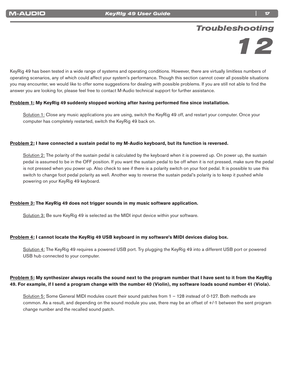 Troubleshooting | M-AUDIO KEYRIG 49 User Manual | Page 18 / 24