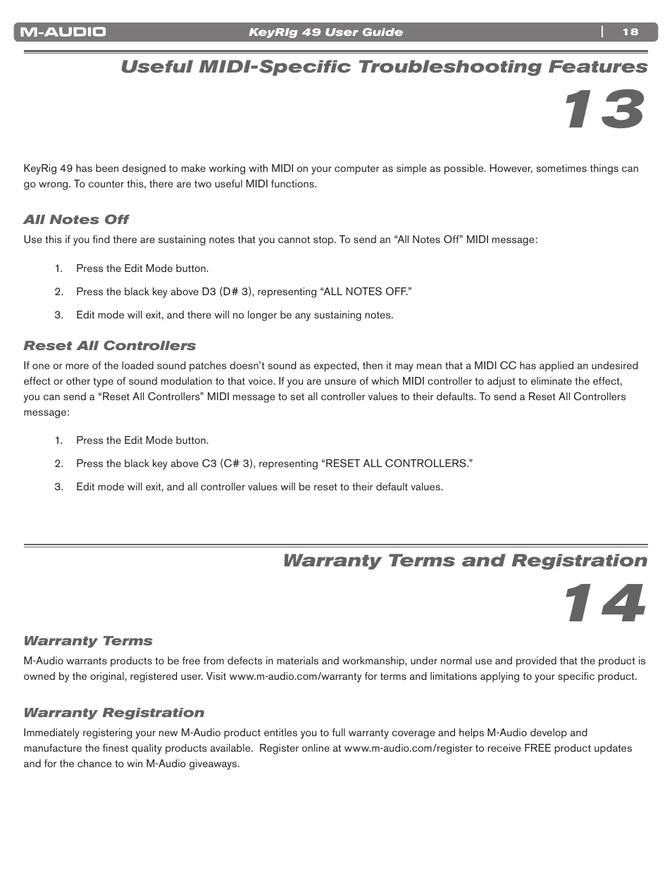 Useful midi-specific troubleshooting features, All notes off, Reset all controllers | Warranty terms and registration, Warranty terms, Warranty registration | M-AUDIO KEYRIG 49 User Manual | Page 19 / 24