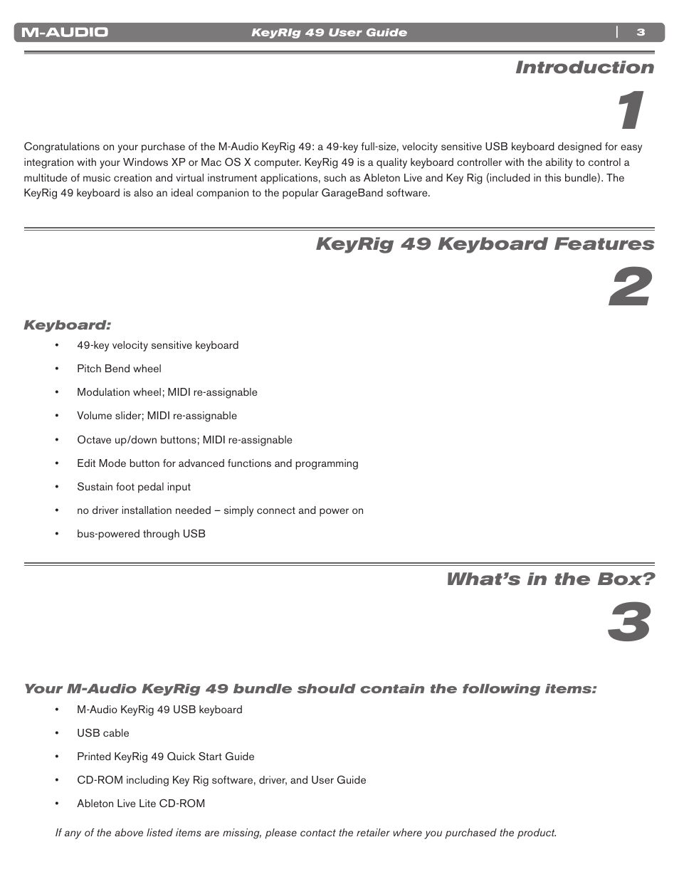 Introduction, Keyrig 49 keyboard features, Keyboard | What’s in the box | M-AUDIO KEYRIG 49 User Manual | Page 4 / 24