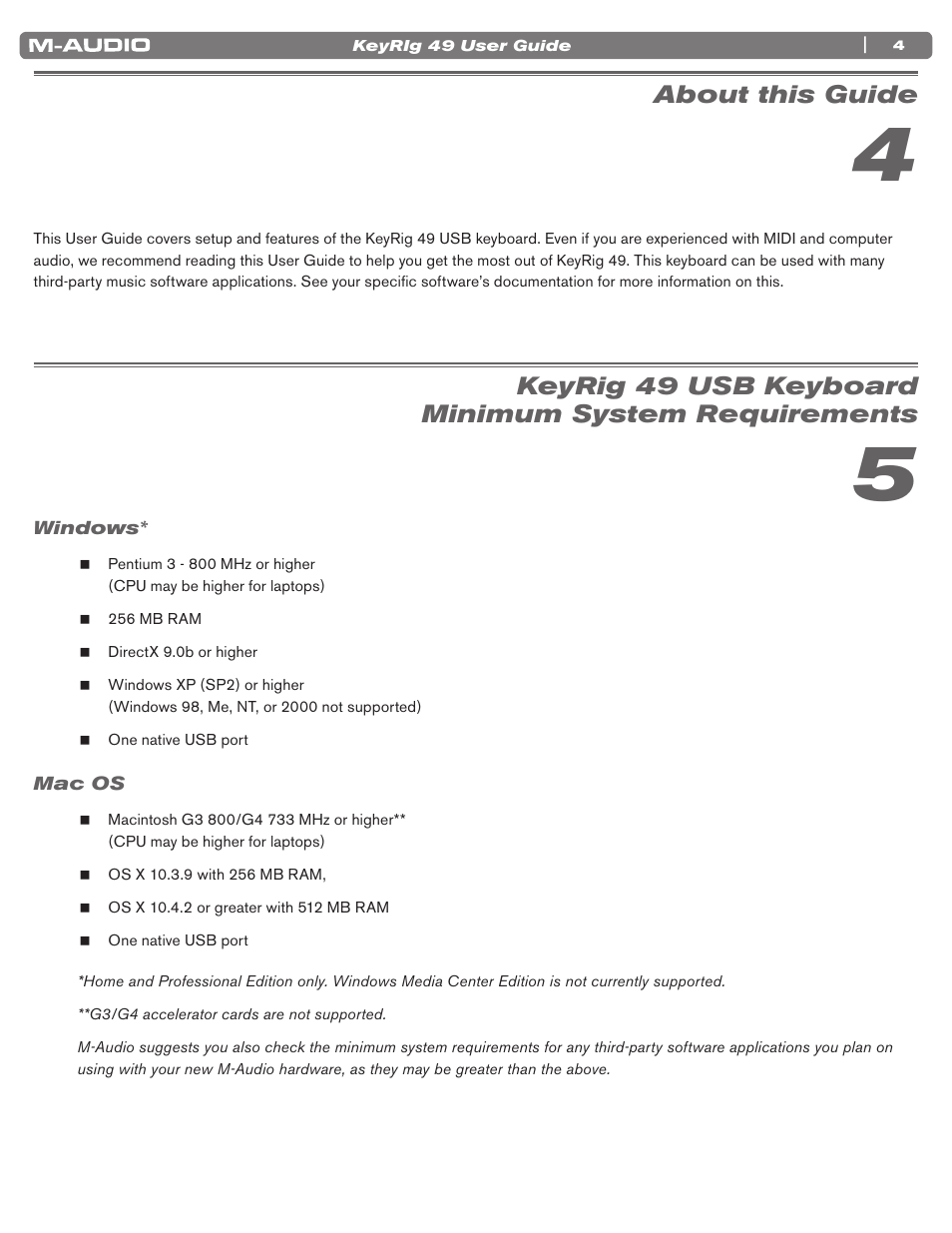 About this guide, Keyrig 49 usb keyboardminimum system requirements, Windows | Mac os, Keyrig 49 usb keyboard minimum system requirements | M-AUDIO KEYRIG 49 User Manual | Page 5 / 24