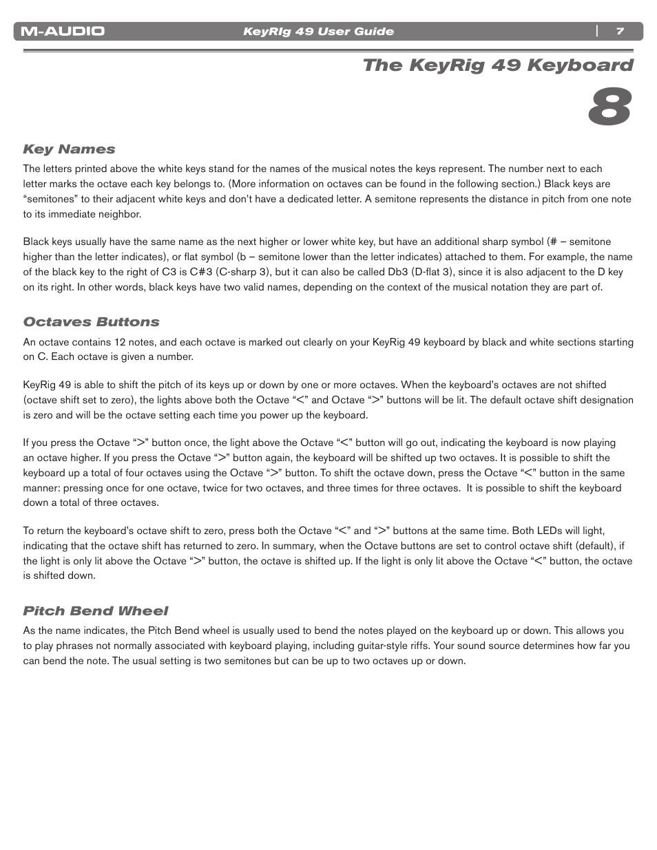 The keyrig 49 keyboard, Key names, Octaves buttons | Pitch bend wheel | M-AUDIO KEYRIG 49 User Manual | Page 8 / 24
