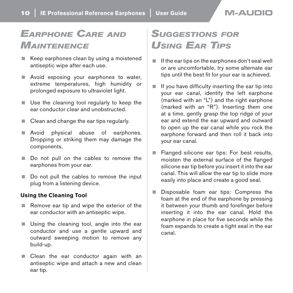 Earphone care and maintenence, Using the cleaning tool, Suggestions for using ear tips | M-AUDIO IE-10 User Manual | Page 10 / 16
