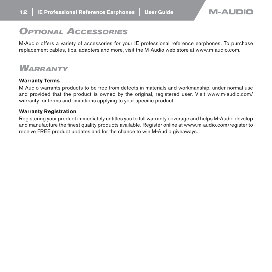 Optional accessories, Warranty, Warranty terms | Warranty registration | M-AUDIO IE-10 User Manual | Page 12 / 16