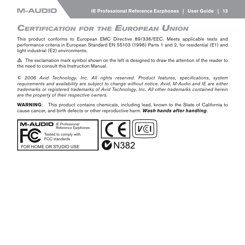 Certification for the european union, Certiﬁcation for the european union | M-AUDIO IE-10 User Manual | Page 13 / 16