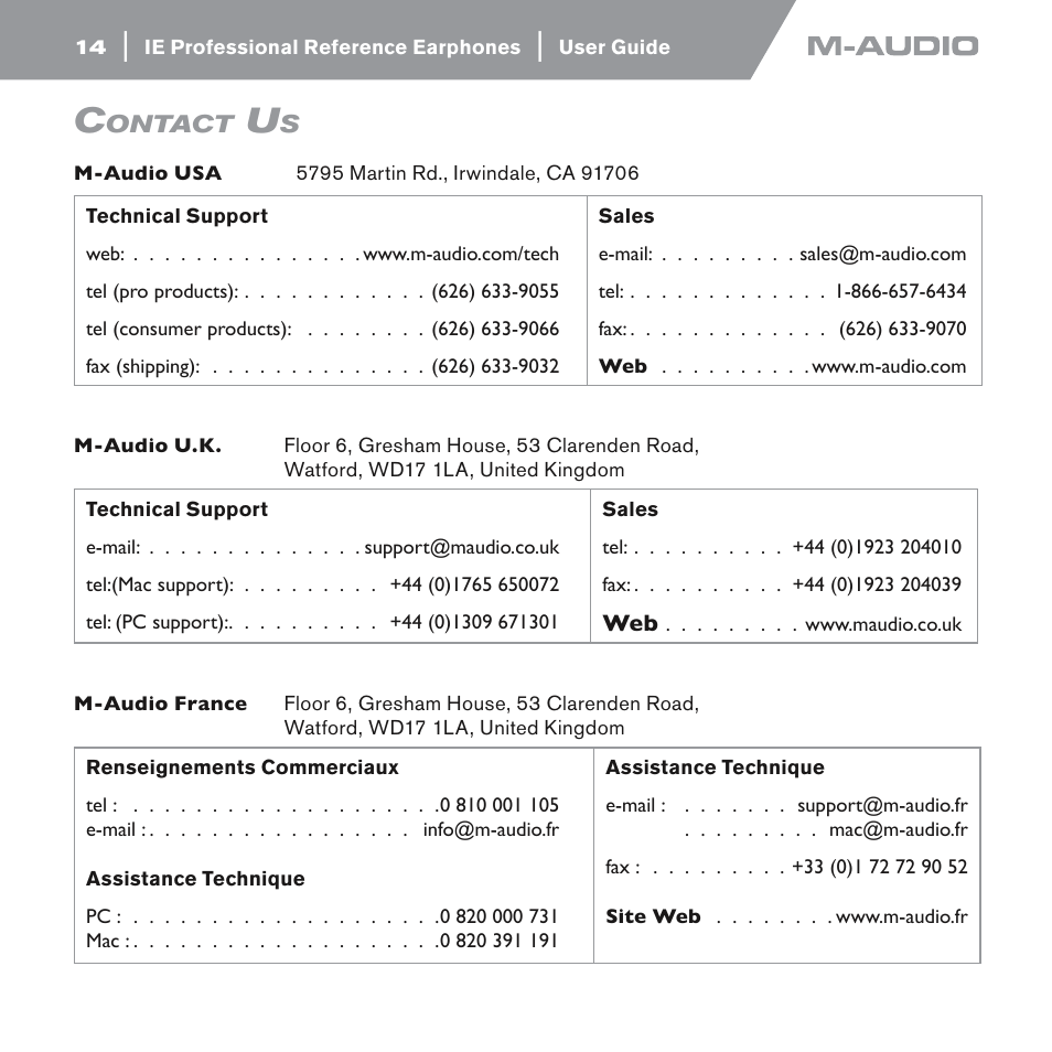 Contact us | M-AUDIO IE-10 User Manual | Page 14 / 16