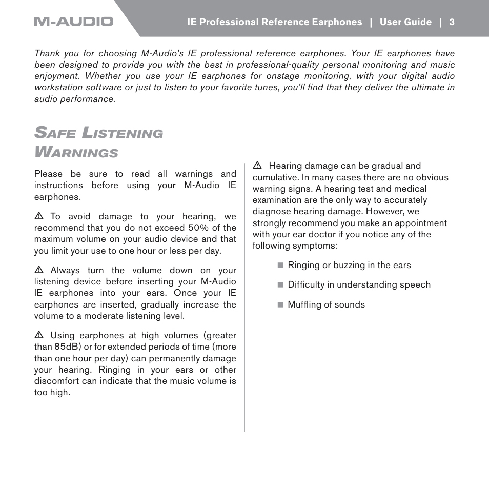 Safe listening, Safe listening warnings | M-AUDIO IE-10 User Manual | Page 3 / 16