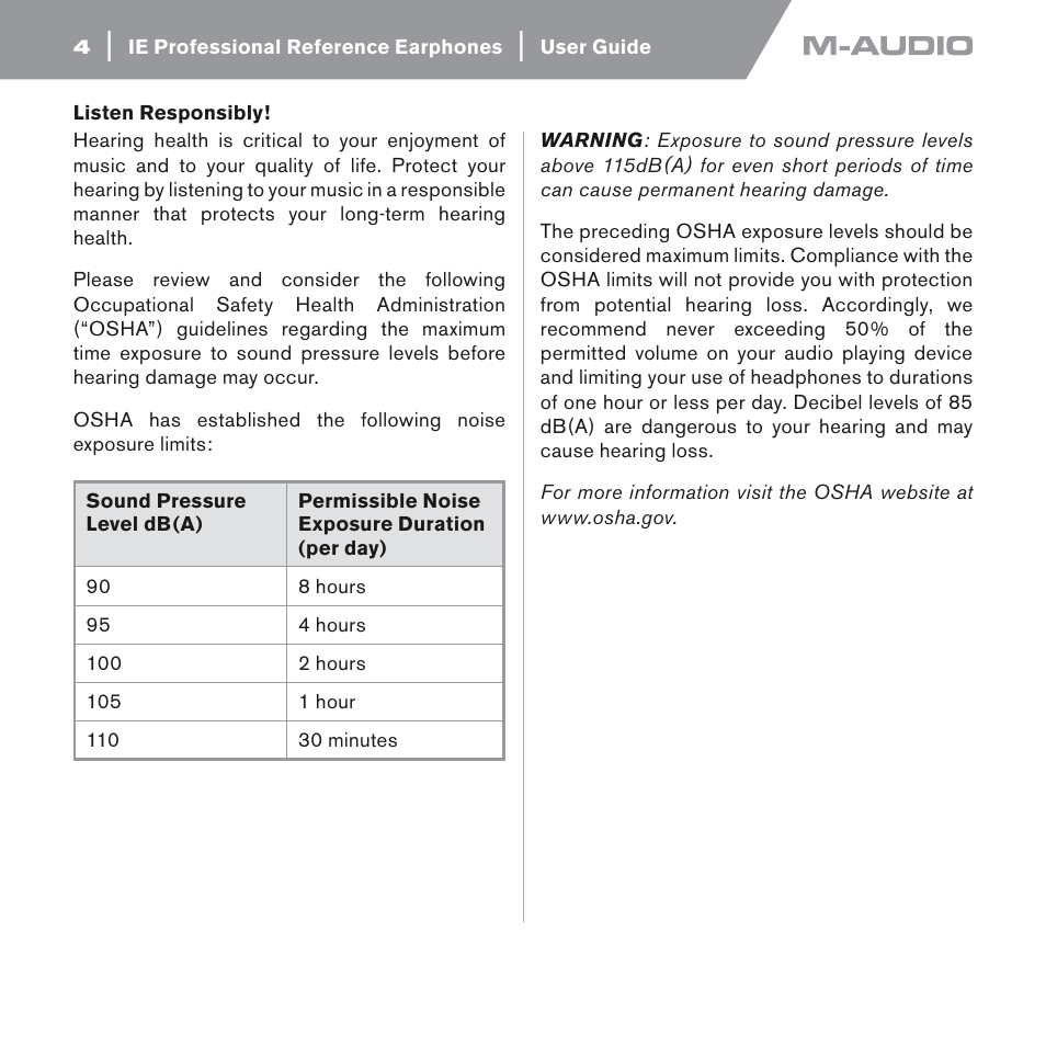 Listen responsibly | M-AUDIO IE-10 User Manual | Page 4 / 16