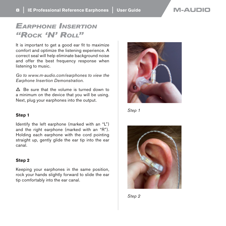 Earphone insertion - “rock ‘n’ roll, Earphone insertion – “rock ‘n’ roll, N’ r | M-AUDIO IE-10 User Manual | Page 8 / 16