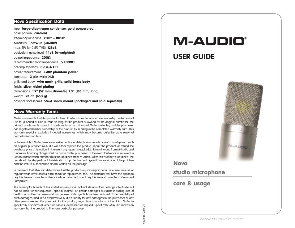 User guide, Nova studio microphone care & usage, Nova specification data | Nova warranty terms | M-AUDIO KX-TG7202E User Manual | Page 2 / 2