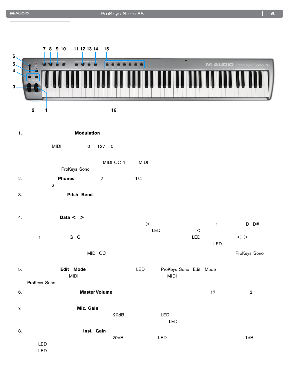 コントローラとコネクタ, トップパネル図解, トップパネル解説 | M-AUDIO SONO 88 User Manual | Page 7 / 51